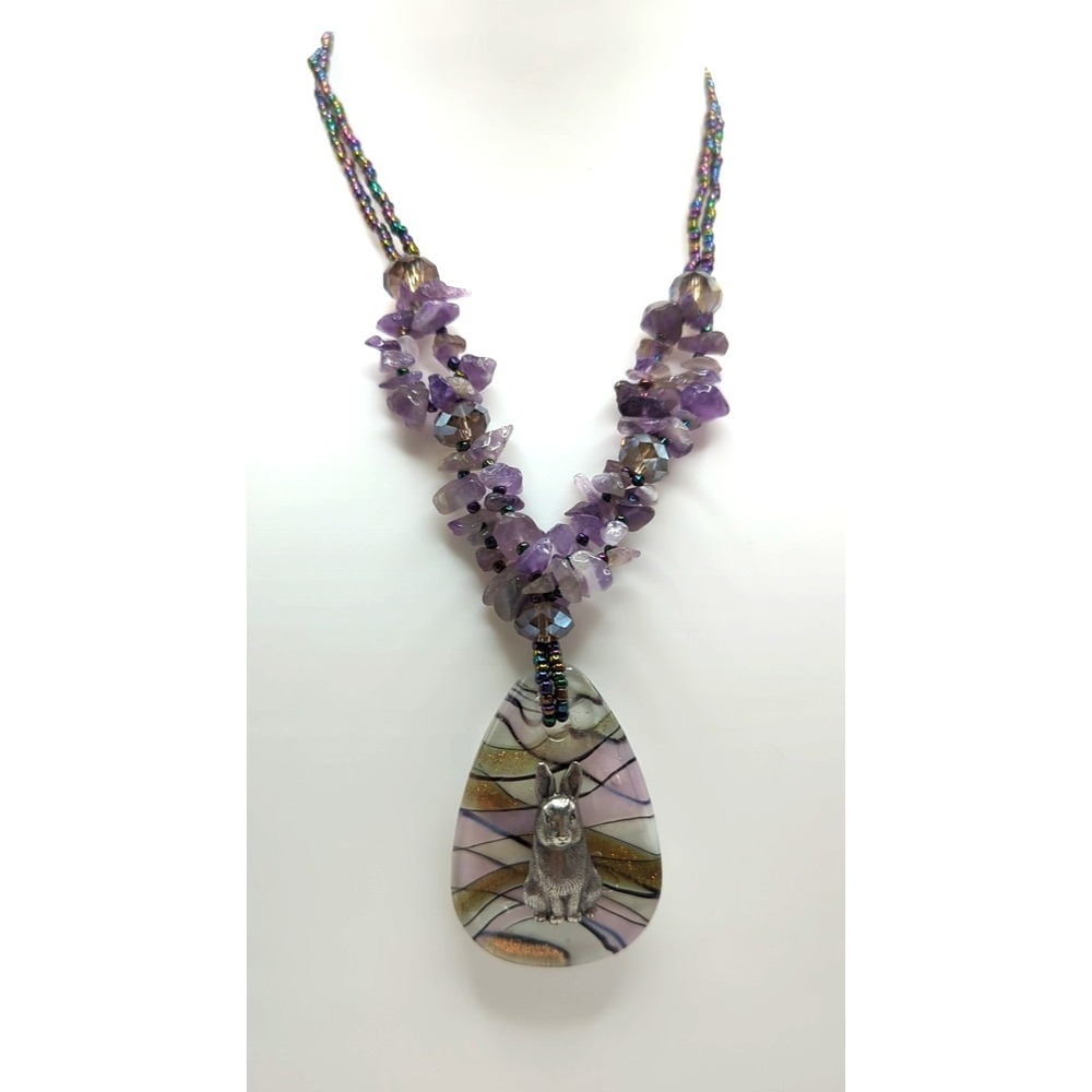 Artisan Amethyst Chip Necklace Rabbit Pendant Statement Boho Beaded Purple Gemst